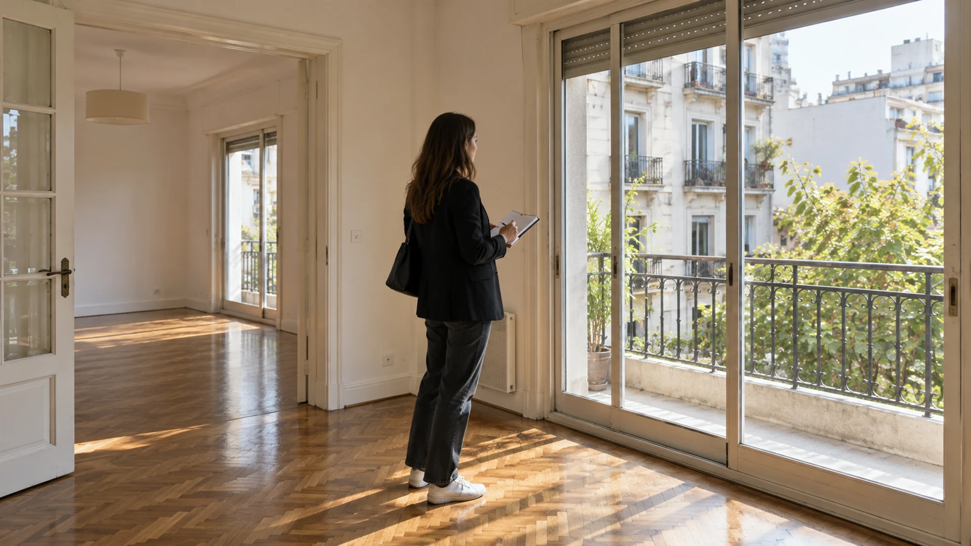 Una profesional toma notas mientras revisa un departamento luminoso con piso de madera y balcón.